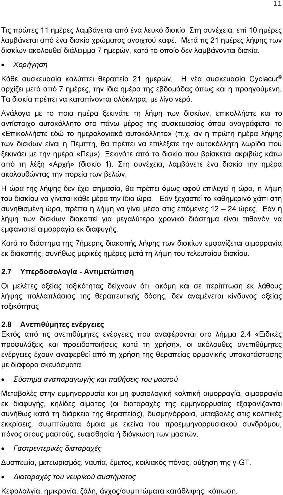 Η νέα συσκευασία Cyclacur αρχίζει μετά από 7 ημέρες, την ίδια ημέρα της εβδομάδας όπως και η προηγούμενη. Τα δισκία πρέπει να καταπίνονται ολόκληρα, με λίγο νερό.