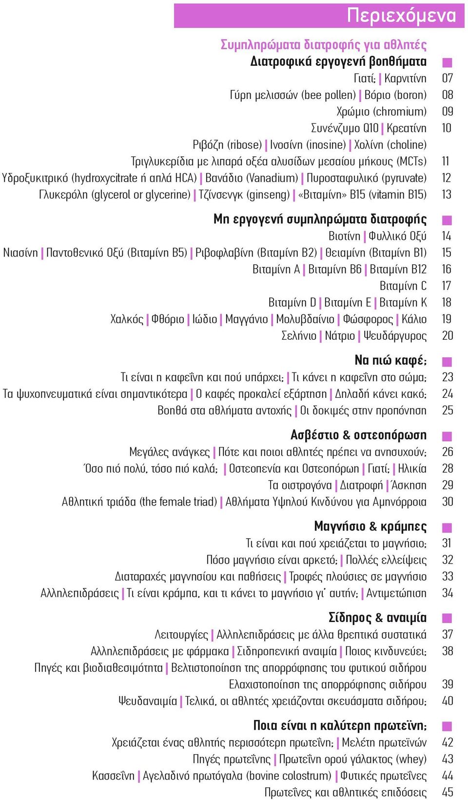 Γλυκερόλη (glycerol or glycerine) Τζίνσενγκ (ginseng) «Βιταµίνη» Β15 (vitamin B15) 13 Mη εργογενή συµπληρώµατα διατροφής Βιοτίνη Φυλλικό Οξύ 14 Νιασίνη Παντοθενικό Οξύ (Βιταµίνη Β5) Ριβοφλαβίνη