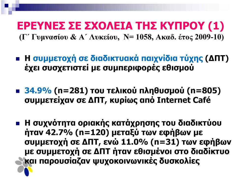 9% (n=281) του τελικού πληθυσμού (n=805) συμμετείχαν σε ΔΠΤ, κυρίως από Internet Café Η συχνότητα οριακής κατάχρησης του