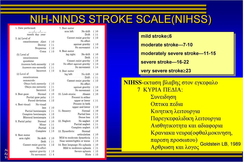 severe stroke 23 stroke 23 NIHSS-εκταση βλαβης στον εγκεφαλο 7 ΚΥΡΙΑ ΠΕΔΙΑ: Συνειδηση Οπτικα πεδια Κινητικη λειτουργια