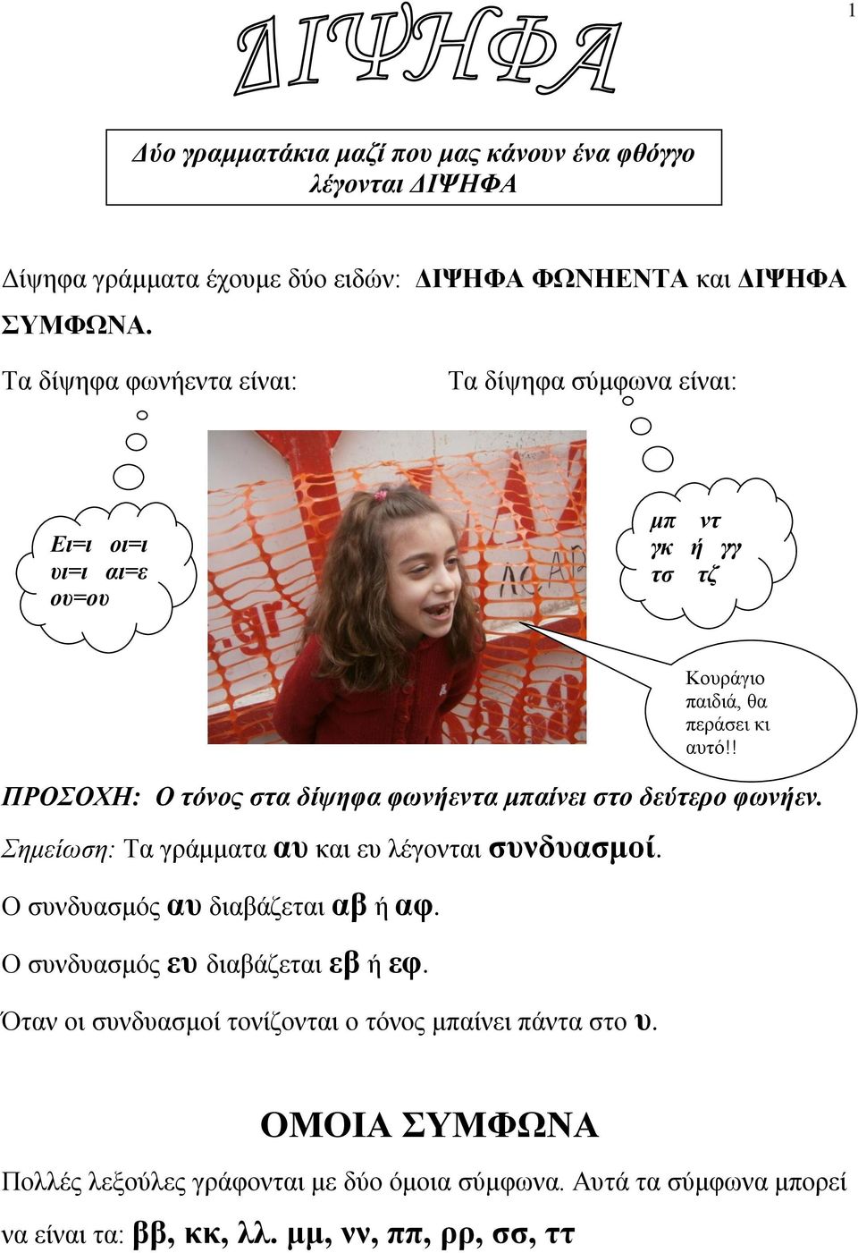 Σημείωση: Τα γράμματα αυ και ευ λέγονται συνδυασμοί. Ο συνδυασμός αυ διαβάζεται αβ ή αφ. Ο συνδυασμός ευ διαβάζεται εβ ή εφ.