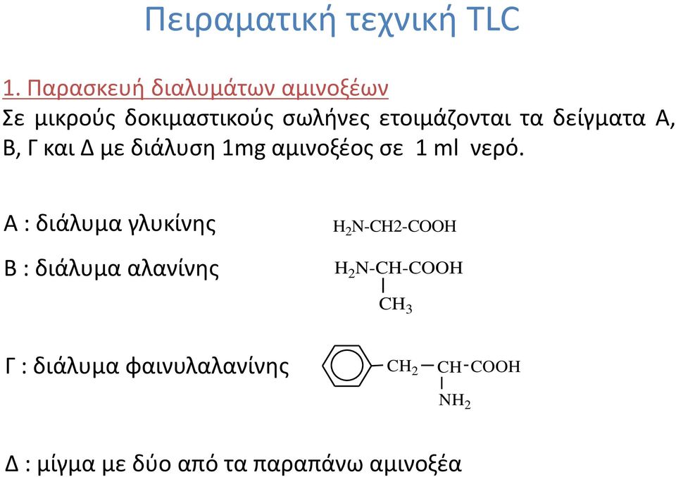 δείγματα Α, Β, Γ και Δ με διάλυση 1mg αμινοξέος σε 1 ml νερό.