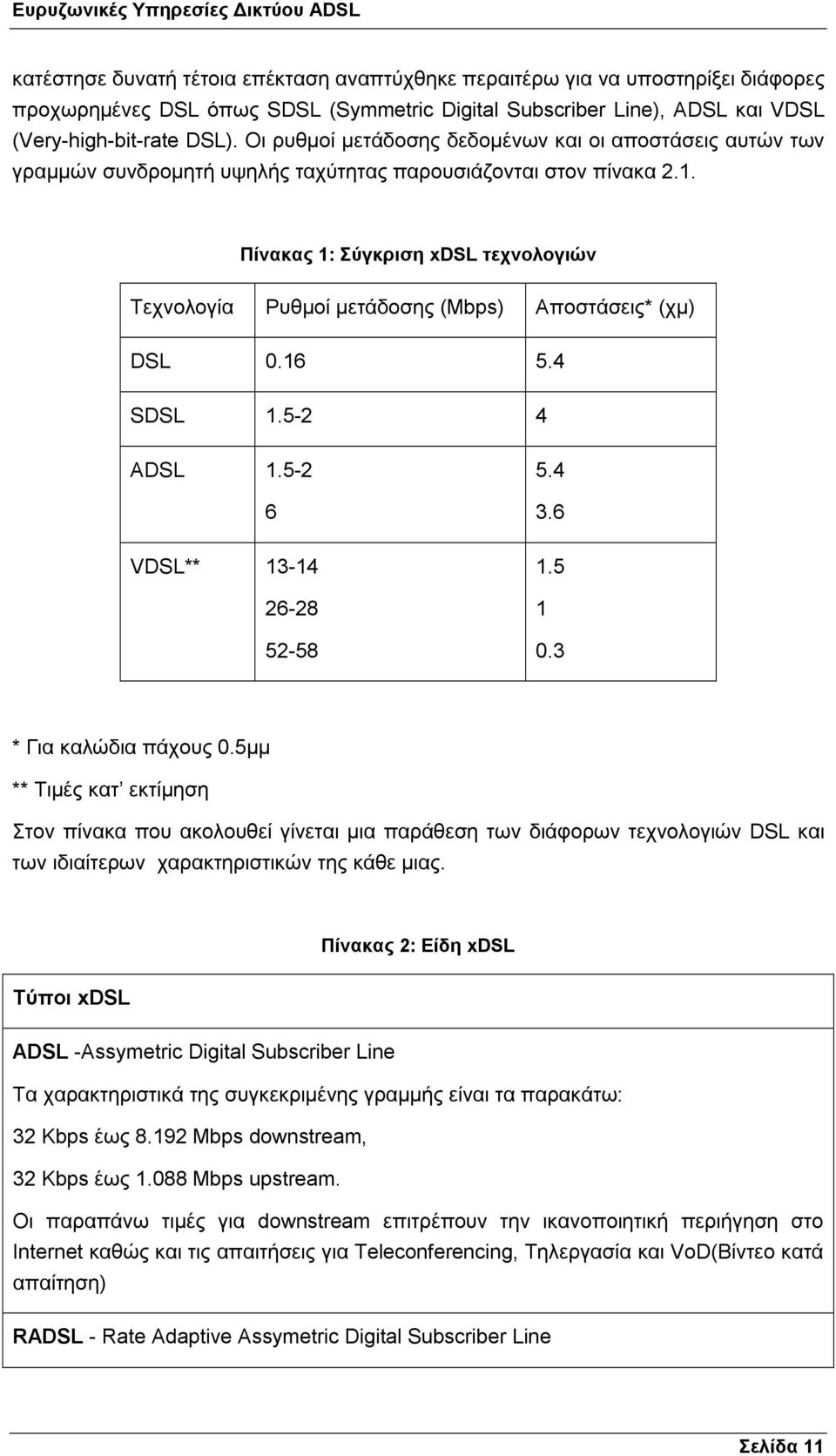 Πίνακας 1: Σύγκριση xdsl τεχνολογιών Τεχνολογία Ρυθµοί µετάδοσης (Mbps) Αποστάσεις* (χµ) DSL 0.16 5.4 SDSL 1.5-2 4 ADSL 1.5-2 6 VDSL** 13-14 26-28 52-58 5.4 3.6 1.5 1 0.3 * Για καλώδια πάχους 0.