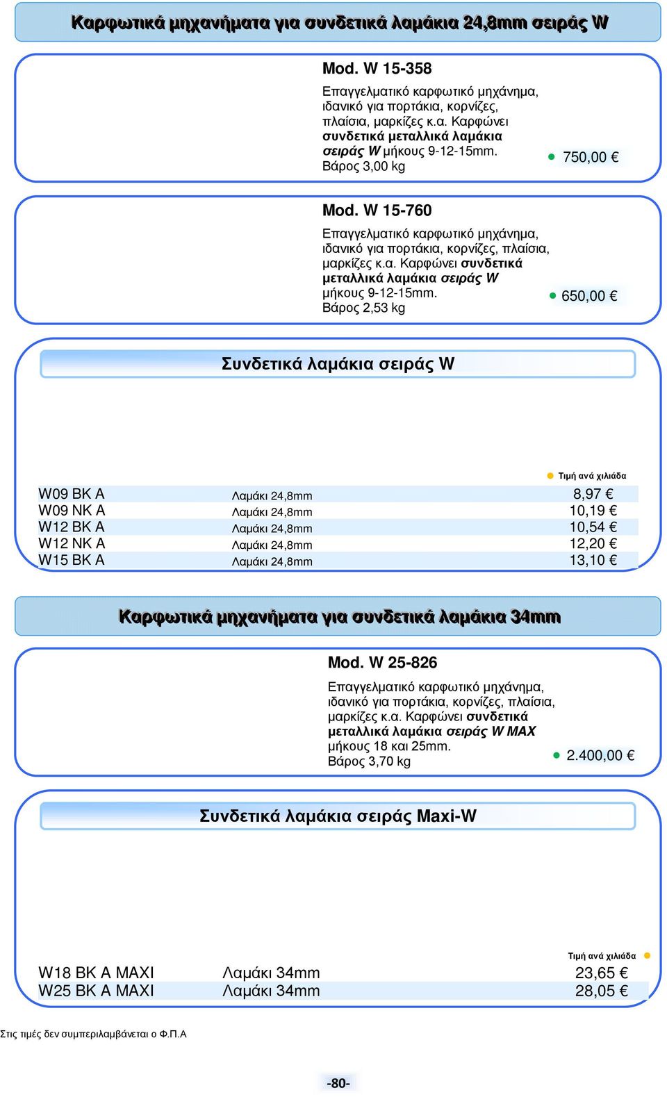 Βάρος 2,53 kg 650,00 Συνδετικά λαμάκια σειράς W W09 BK A Λαμάκι 24,8mm 8,97 W09 NK A Λαμάκι 24,8mm 10,19 W12 BK A Λαμάκι 24,8mm 10,54 W12 NK A Λαμάκι 24,8mm 12,20 W15 BK A Λαμάκι 24,8mm 13,10