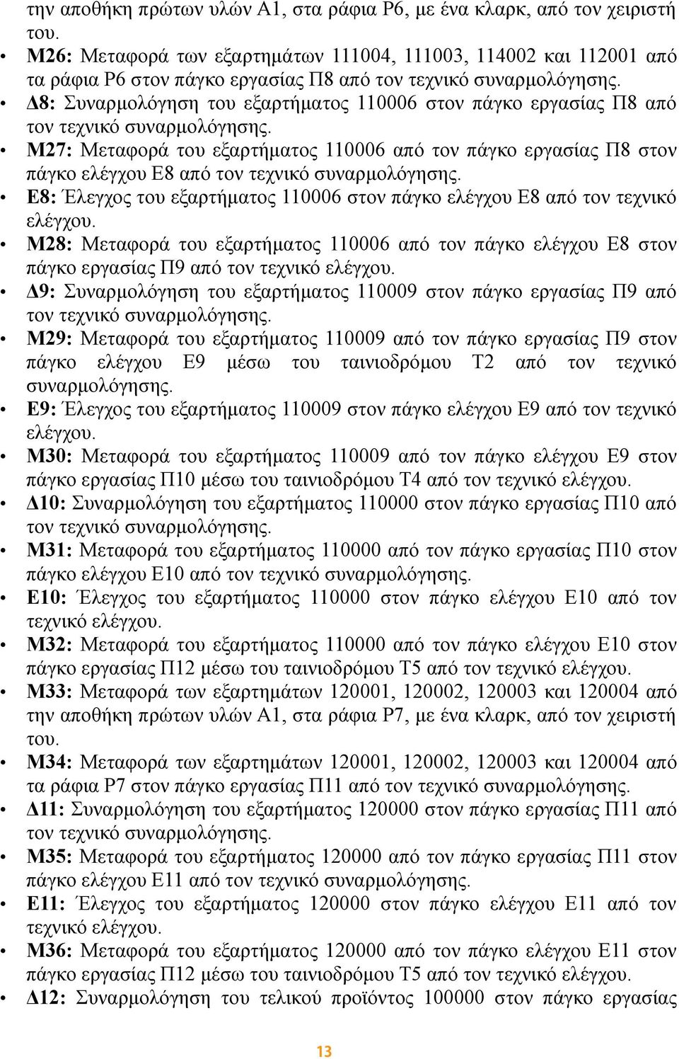 Μ7: Μεταφορά του εξαρτήματος 0006 από τον πάγκο εργασίας Π στον πάγκο ελέγχου Ε από τον τεχνικό συναρμολόγησης. Ε: Έλεγχος του εξαρτήματος 0006 στον πάγκο ελέγχου Ε από τον τεχνικό ελέγχου.