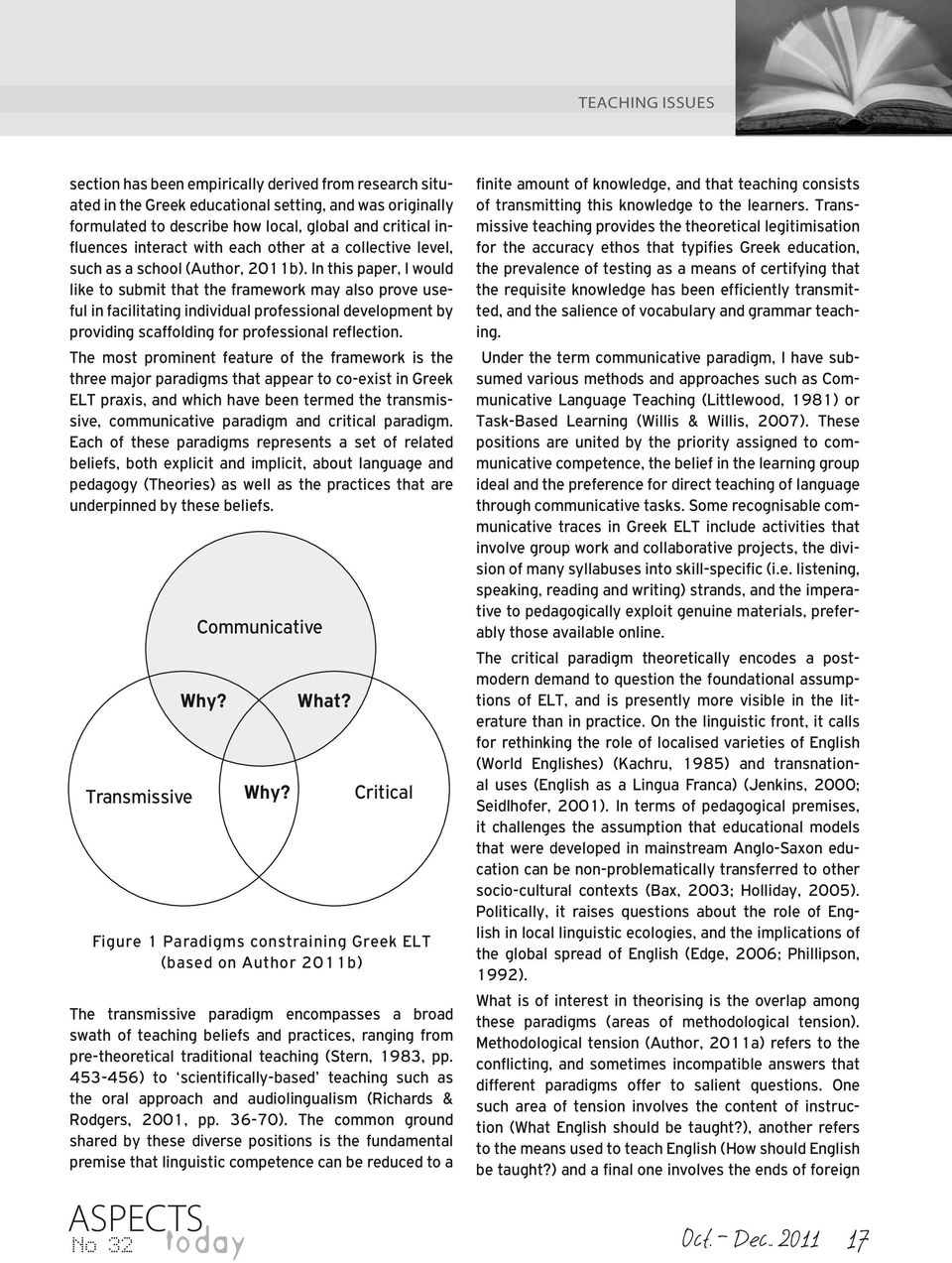 In this paper, I would like to submit that the framework may also prove useful in facilitating individual professional development by providing scaffolding for professional reflection.