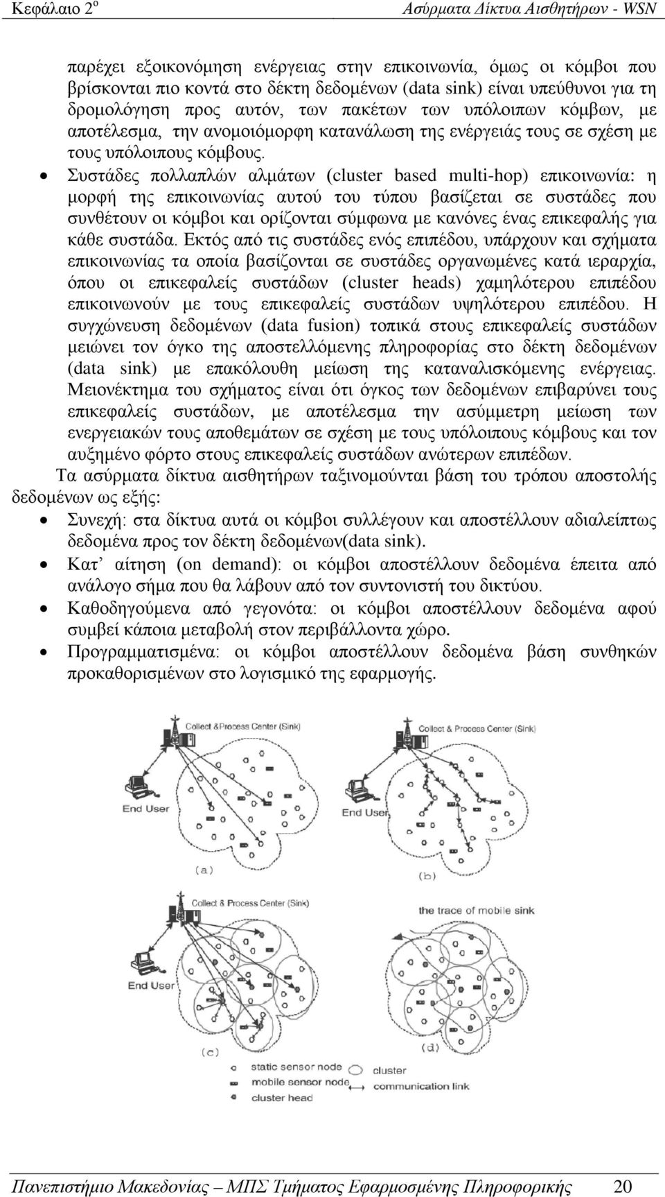 Συστάδες πολλαπλών αλμάτων (cluster based multi-hop) επικοινωνία: η μορφή της επικοινωνίας αυτού του τύπου βασίζεται σε συστάδες που συνθέτουν οι κόμβοι και ορίζονται σύμφωνα με κανόνες ένας