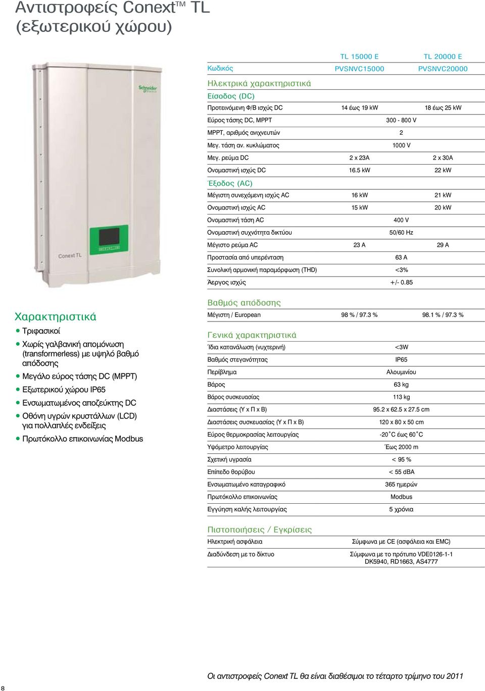 5 kw 22 kw Έξοδος (AC) Μέγιστη συνεχόμενη ισχύς AC 16 kw 21 kw Ονομαστική ισχύς AC 15 kw 20 kw Ονομαστική τάση AC Ονομαστική συχνότητα δικτύου 400 V 50/60 Hz Μέγιστο ρεύμα AC 23 A 29 A Προστασία από