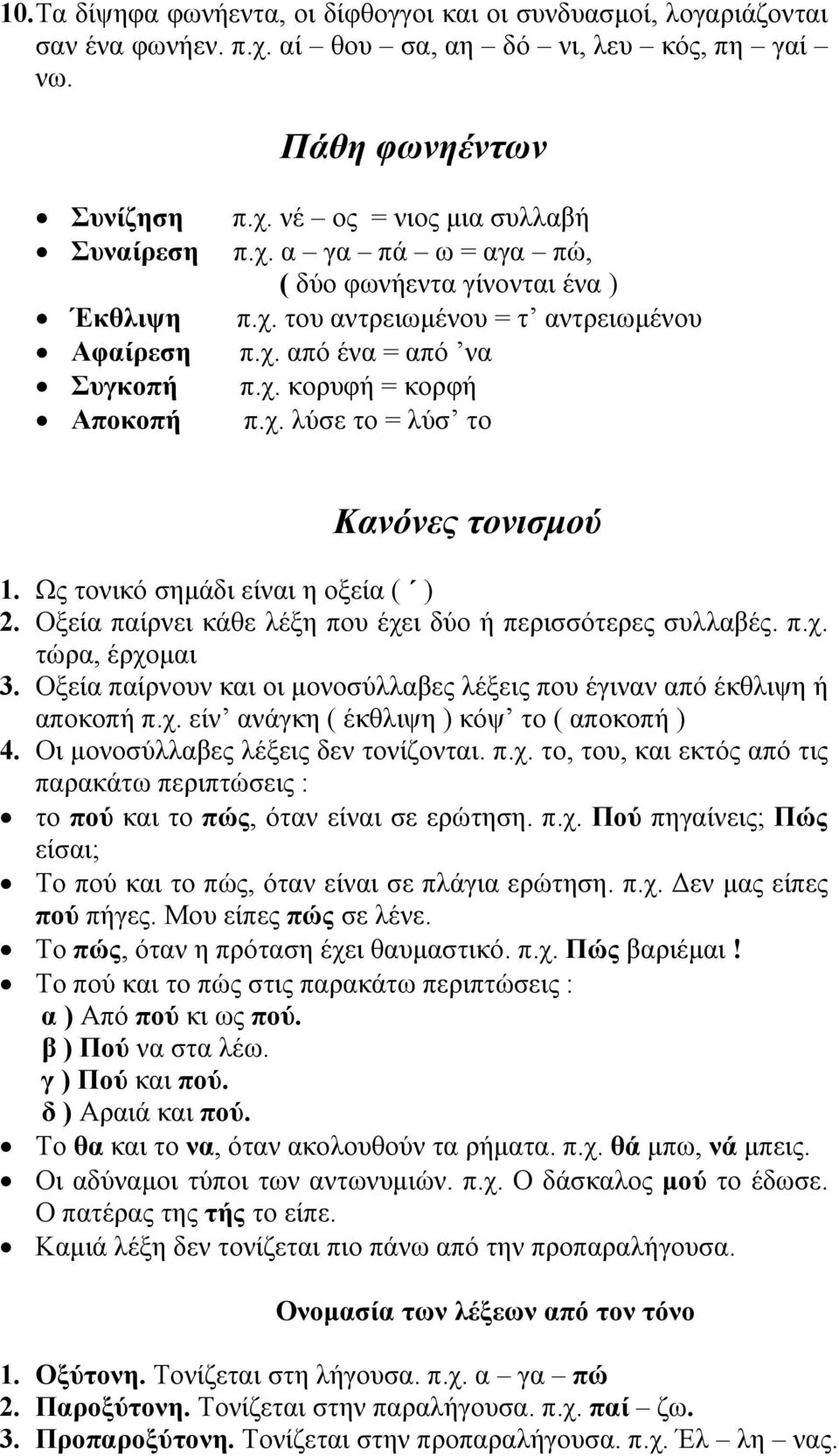 χ. κορυφή = κορφή π.χ. λύσε το = λύσ το Κανόνες τονισμού 1. Ως τονικό σημάδι είναι η οξεία ( ) 2. Οξεία παίρνει κάθε λέξη που έχει δύο ή περισσότερες συλλαβές. π.χ. τώρα, έρχομαι 3.