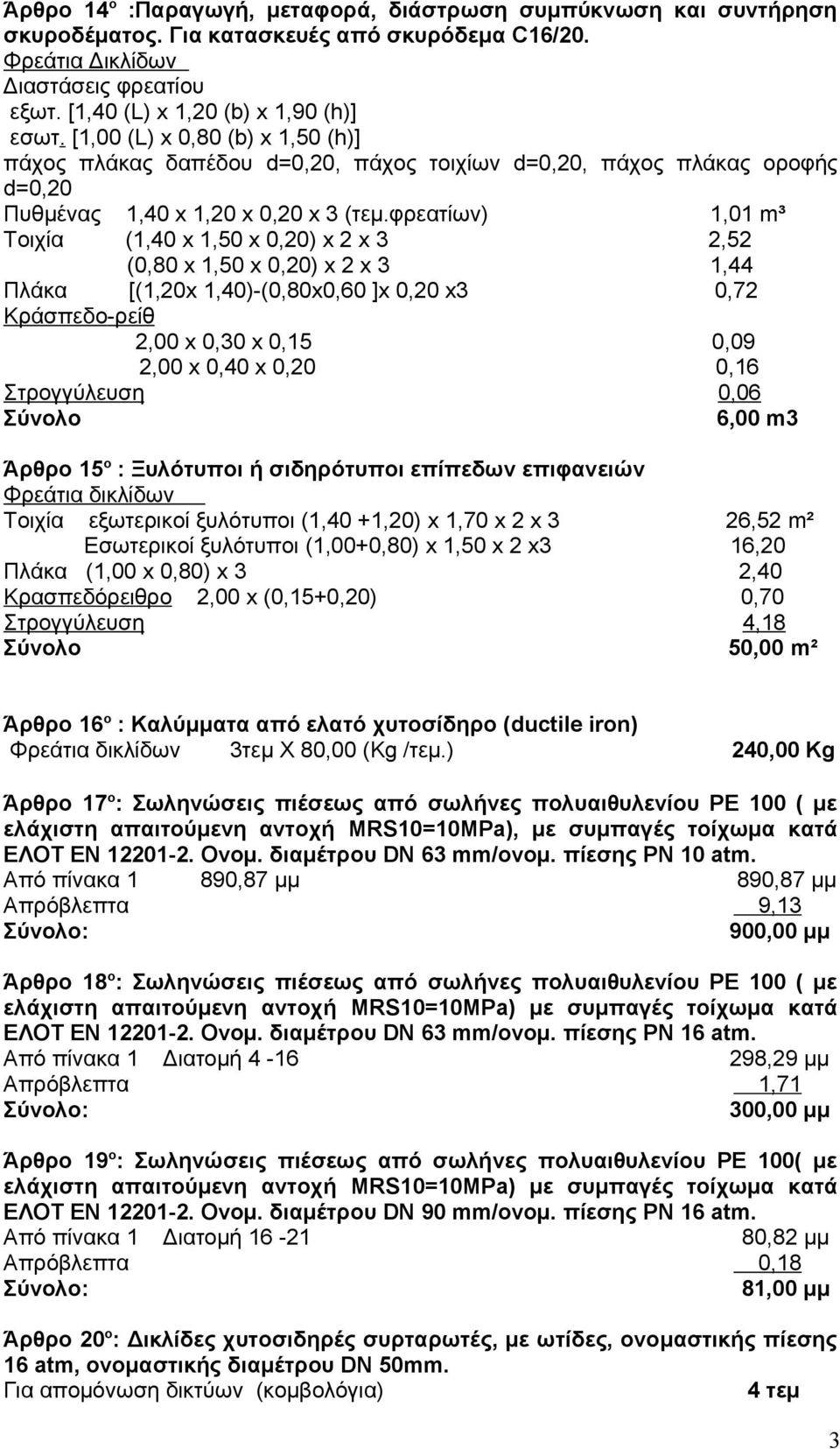 φρεατίων) 1,01 m³ Τοιχία (1,40 x 1,50 x 0,20) x 2 x 3 2,52 (0,80 x 1,50 x 0,20) x 2 x 3 1,44 Πλάκα [(1,20x 1,40)-(0,80x0,60 ]x 0,20 x3 0,72 Κράσπεδo-ρείθ 2,00 x 0,30 x 0,15 0,09 2,00 x 0,40 x 0,20