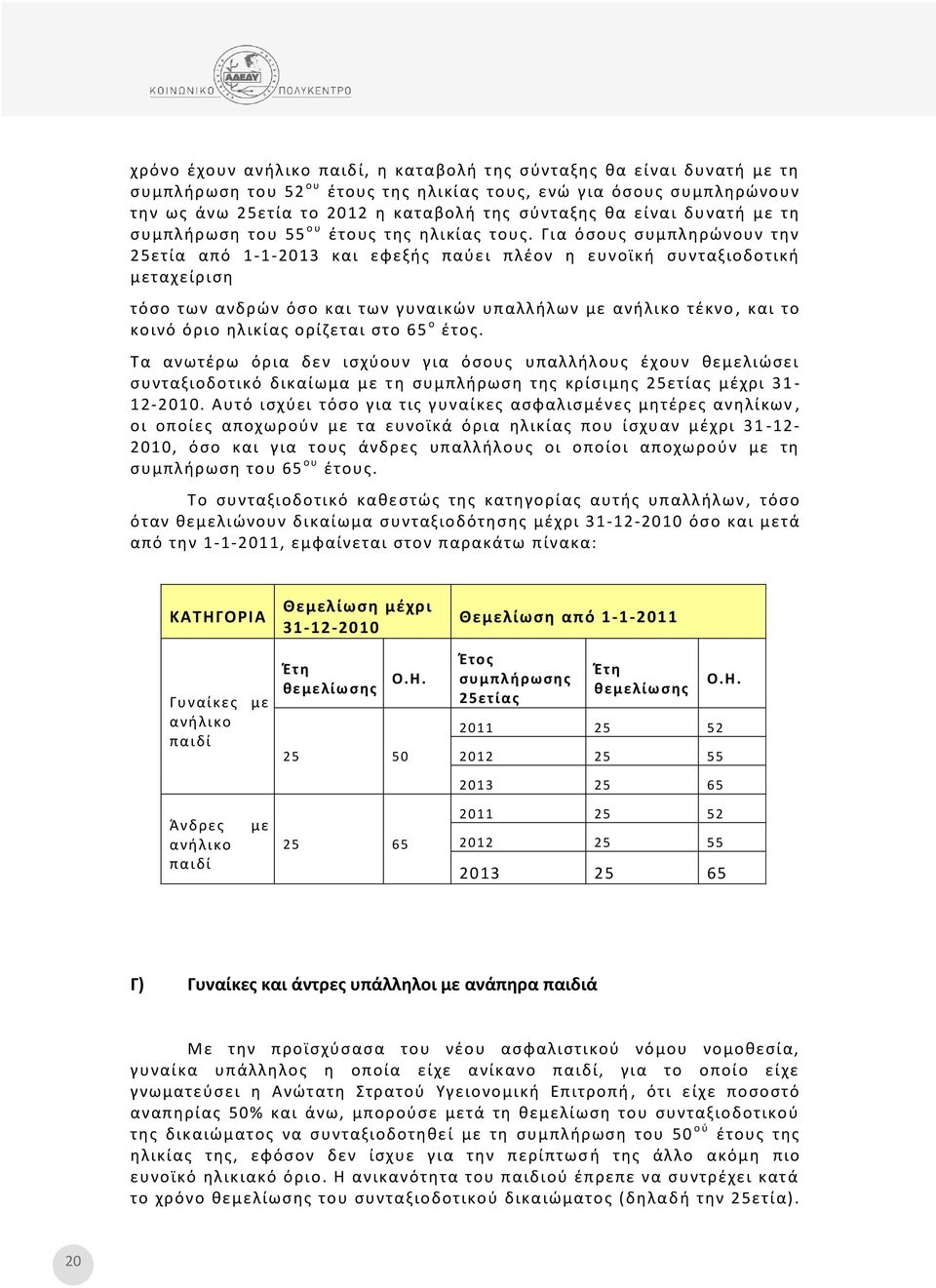 Για όσους συμπληρώνουν την 25ετία από 1-1-2013 και εφεξής παύει πλέον η ευνοϊκή συνταξιοδοτική μεταχείριση τόσο των ανδρών όσο και των γυναικών υπαλλήλων με ανήλικο τέκνο, και το κοινό όριο ηλικίας