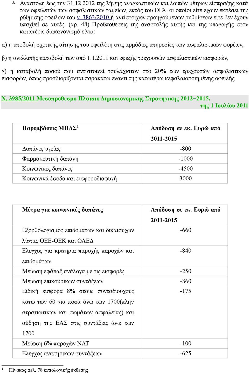 48) Προϋποθέσεις της αναστολής αυτής και της υπαγωγής στον κατωτέρω διακανονισμό είναι: α) η υποβολή σχετικής αίτησης του οφειλέτη στις αρμόδιες υπηρεσίες των ασφαλιστικών φορέων, β) η ανελλιπής