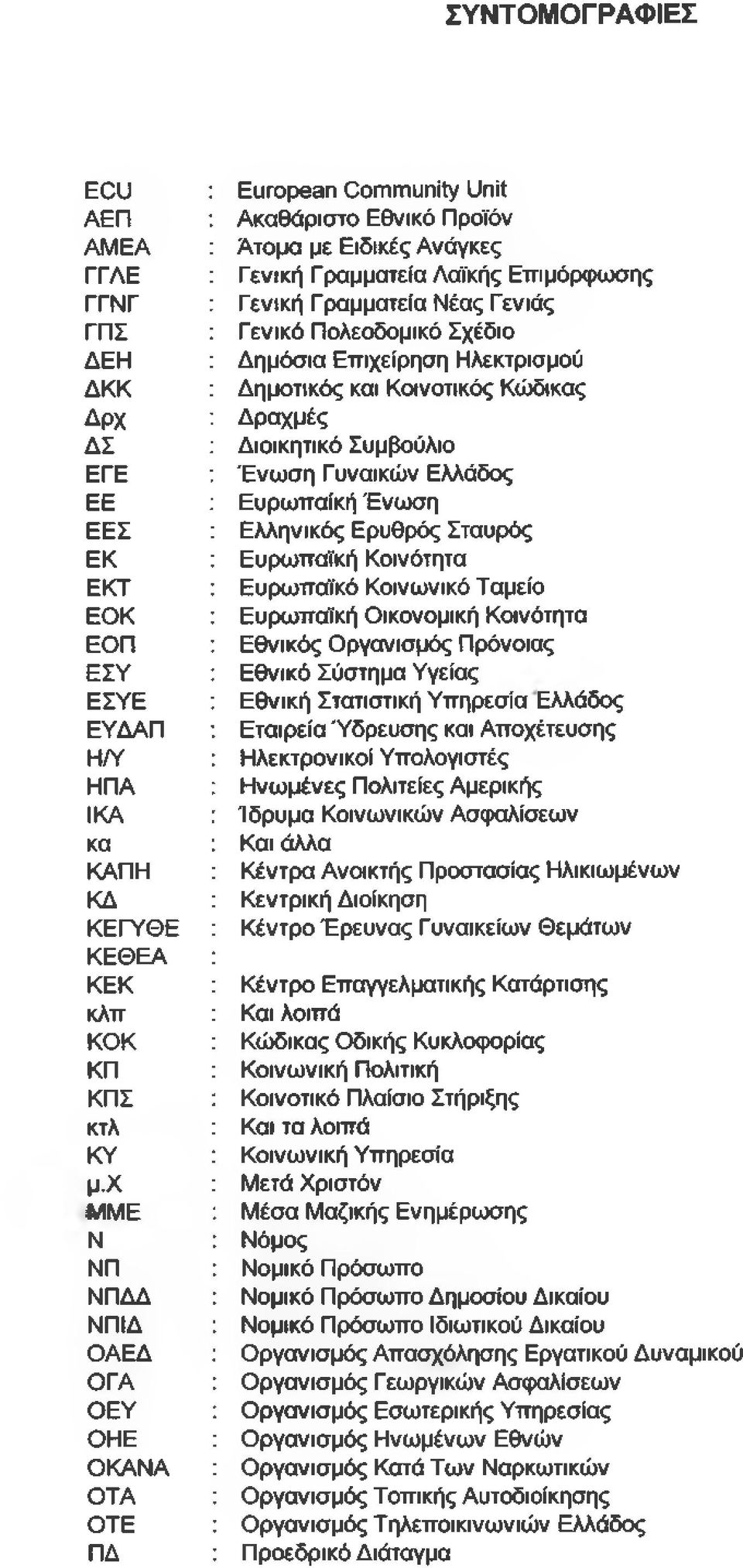 Γενικό Πολεοδομικό Σχέδιο Δημόσια Επιχείρηση Ηλεκτρισμού Δημοτικός και Κοινοτικός Κώδικας Δραχμές Διοικητικό Συμβούλιο Ένωση Γυναικών Ελλάδος Ευρωπαϊκή Ένωση Ελληνικός Ερυθρός Σταυρός Ευρωπαϊκή