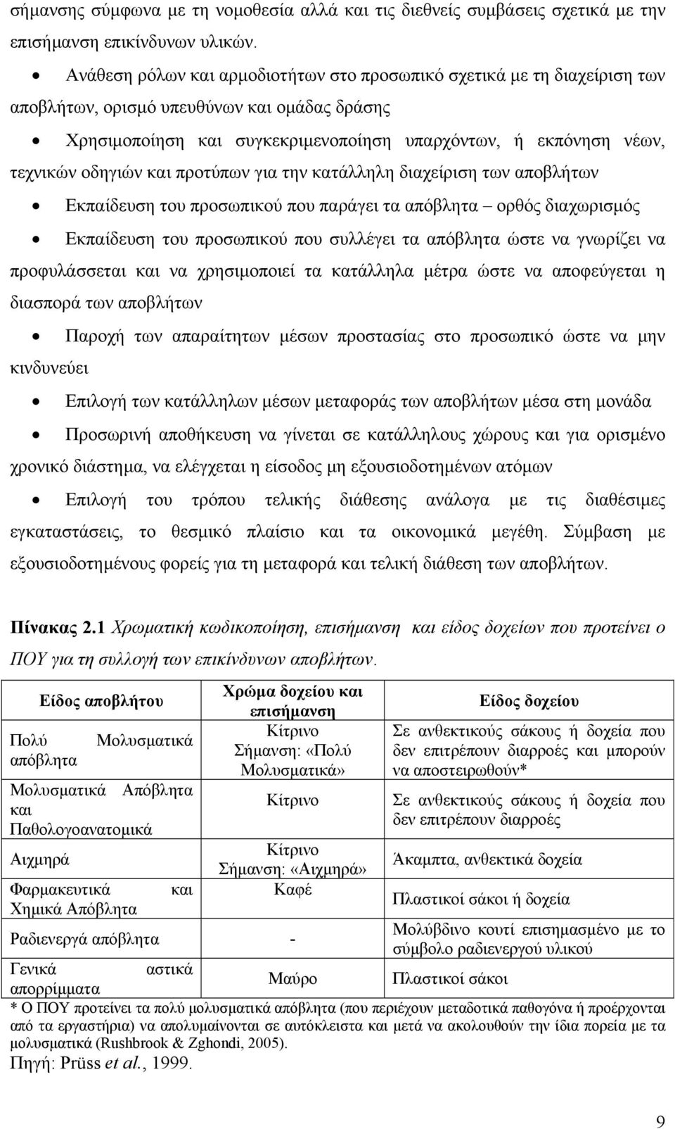 οδηγιών και προτύπων για την κατάλληλη διαχείριση των αποβλήτων Εκπαίδευση του προσωπικού που παράγει τα απόβλητα ορθός διαχωρισµός Εκπαίδευση του προσωπικού που συλλέγει τα απόβλητα ώστε να γνωρίζει