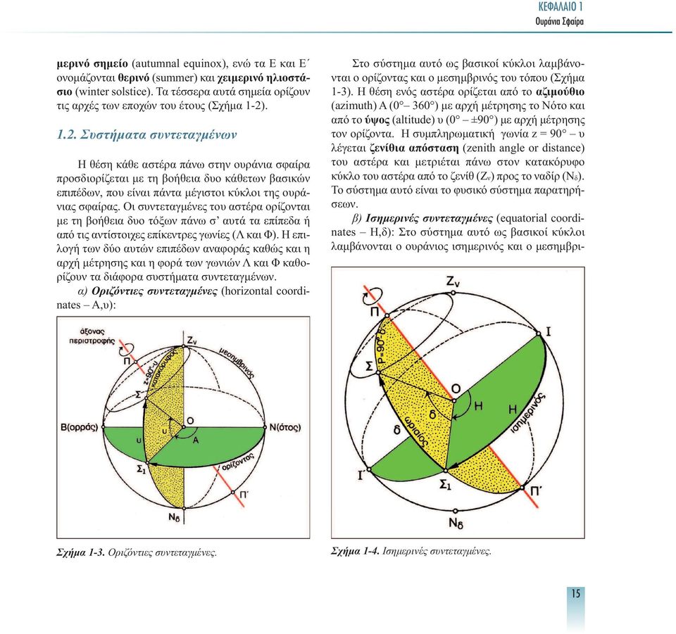 . 1.2. Συστήµατα συντεταγµένων Η θέση κάθε αστέρα πάνω στην ουράνια σφαίρα προσδιορίζεται µε τη βοήθεια δυο κάθετων βασικών επιπέδων, που είναι πάντα µέγιστοι κύκλοι της ουράνιας σφαίρας.