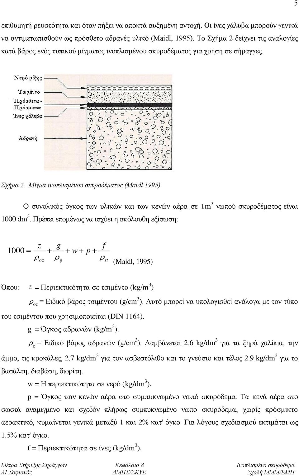 Πρέπει επομένως να ισχύει η ακόλουθη εξίσωση: z g f 1000 = + + w+ p+ ρ ρ ρ οz g st (Maidl, 1995) Όπου: z = Περιεκτικότητα σε τσιμέντο (kg/m 3 ) ρ οz = Ειδικό βάρος τσιμέντου (g/cm 3 ).