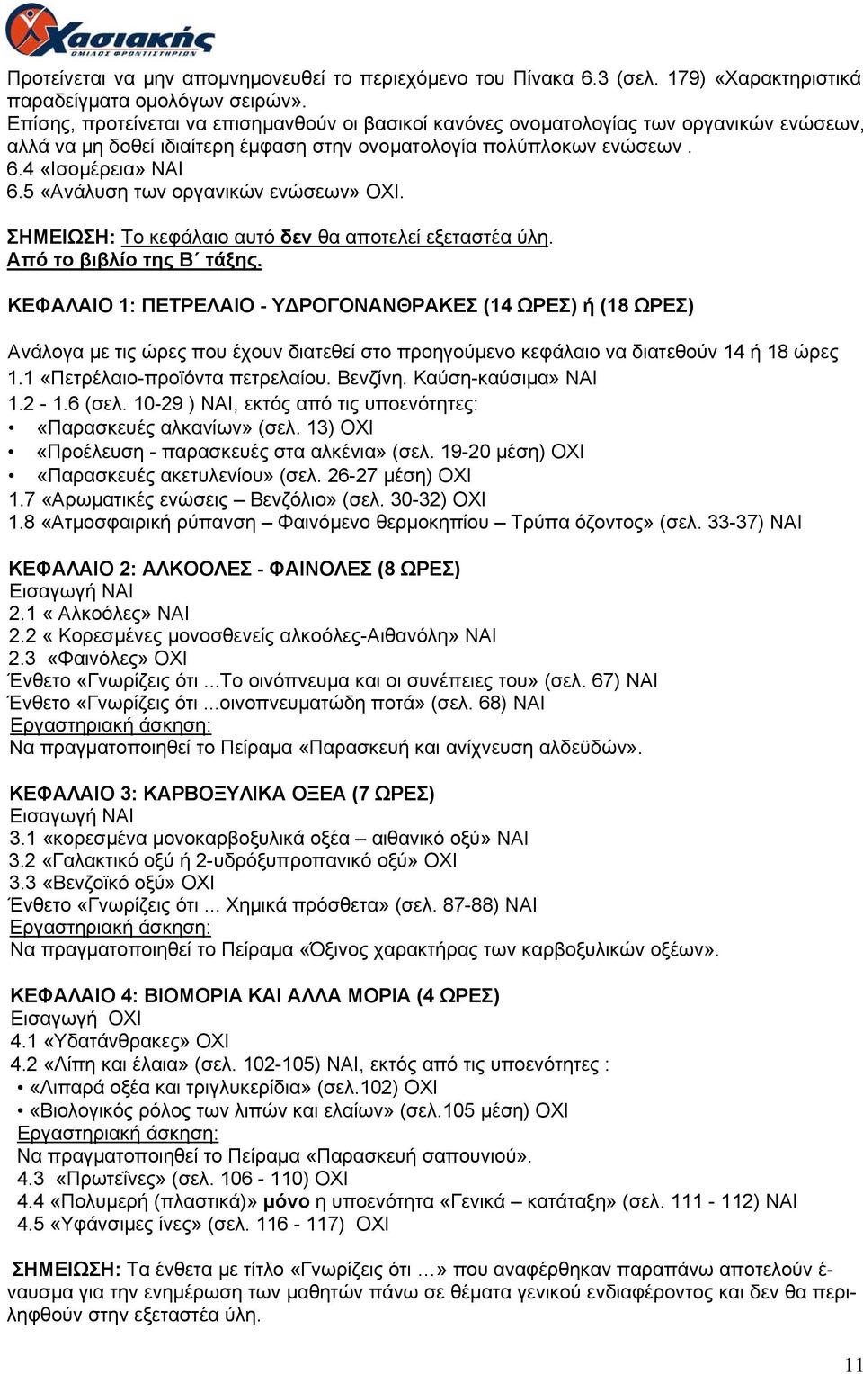 5 «Ανάλυση των οργανικών ενώσεων» ΟΧΙ. ΣΗΜΕΙΩΣΗ: Το κεφάλαιο αυτό δεν θα αποτελεί εξεταστέα ύλη. Από το βιβλίο της Β τάξης.