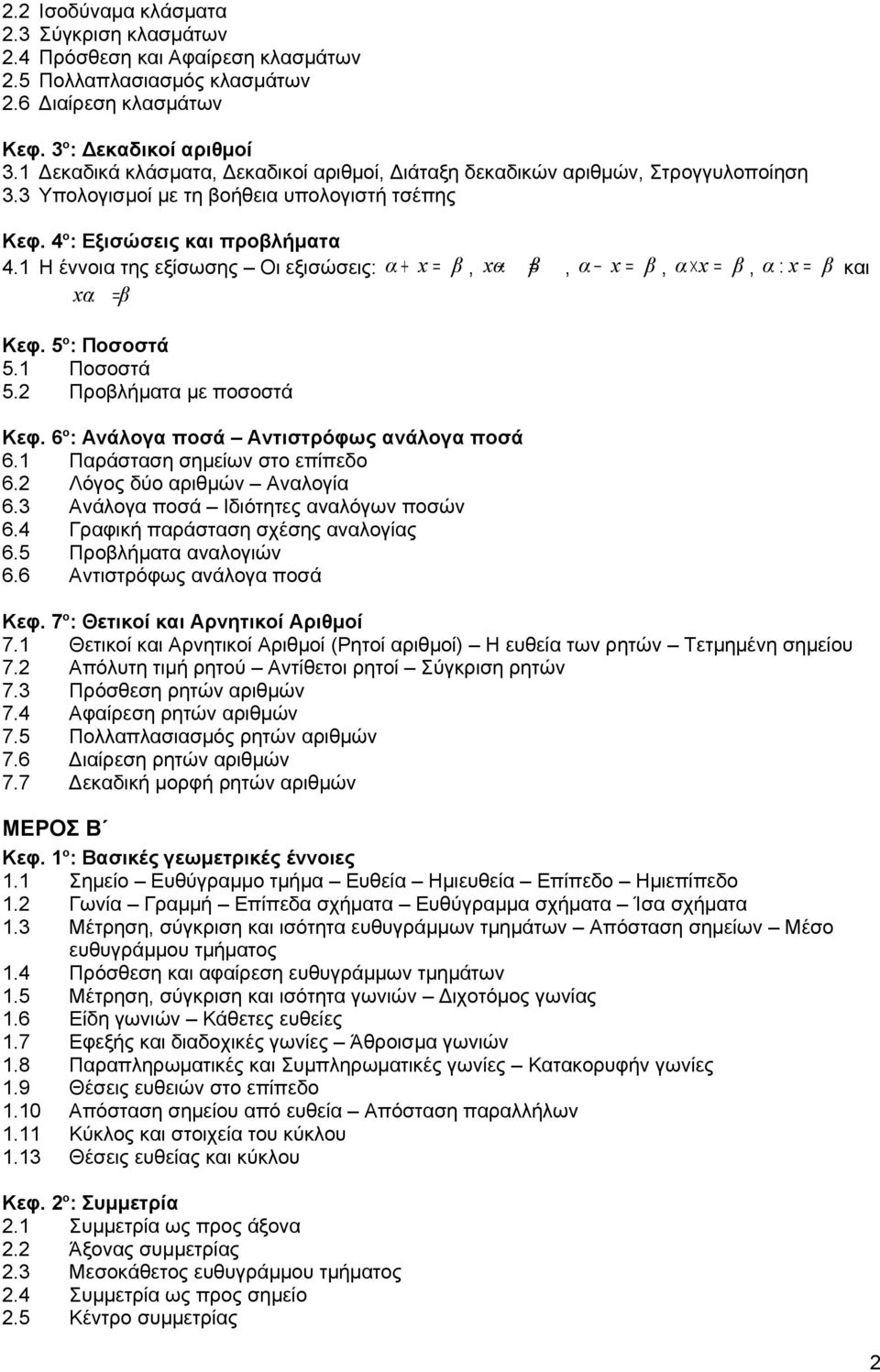 Η έννοια της εξίσωσης Οι εξισώσεις: α + x = β, xα β=, α x = β, α x = β, α : x = β και xα: = β Κεφ. 5 ο : Ποσοστά 5. Ποσοστά 5. Προβλήματα με ποσοστά Κεφ. 6 ο : Ανάλογα ποσά Αντιστρόφως ανάλογα ποσά 6.