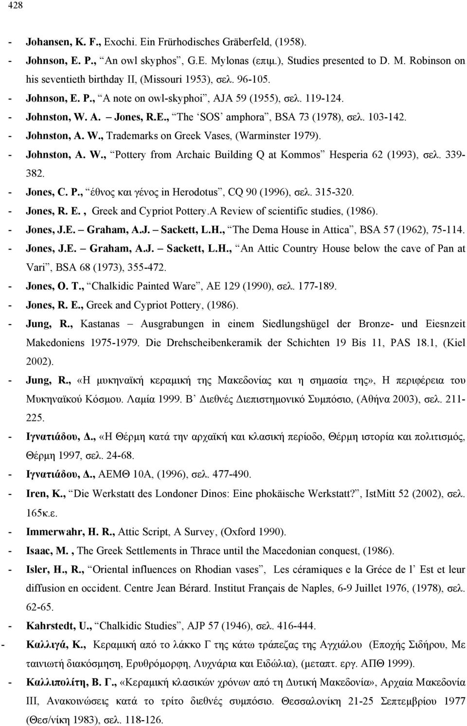 - Johnston, A. W., Pottery from Archaic Building Q at Kommos Hesperia 62 (1993), σελ. 339-382. - Jones, C. P., έθνος και γένος in Herodotus, CQ 90 (1996), σελ. 315-320. - Jones, R. E.