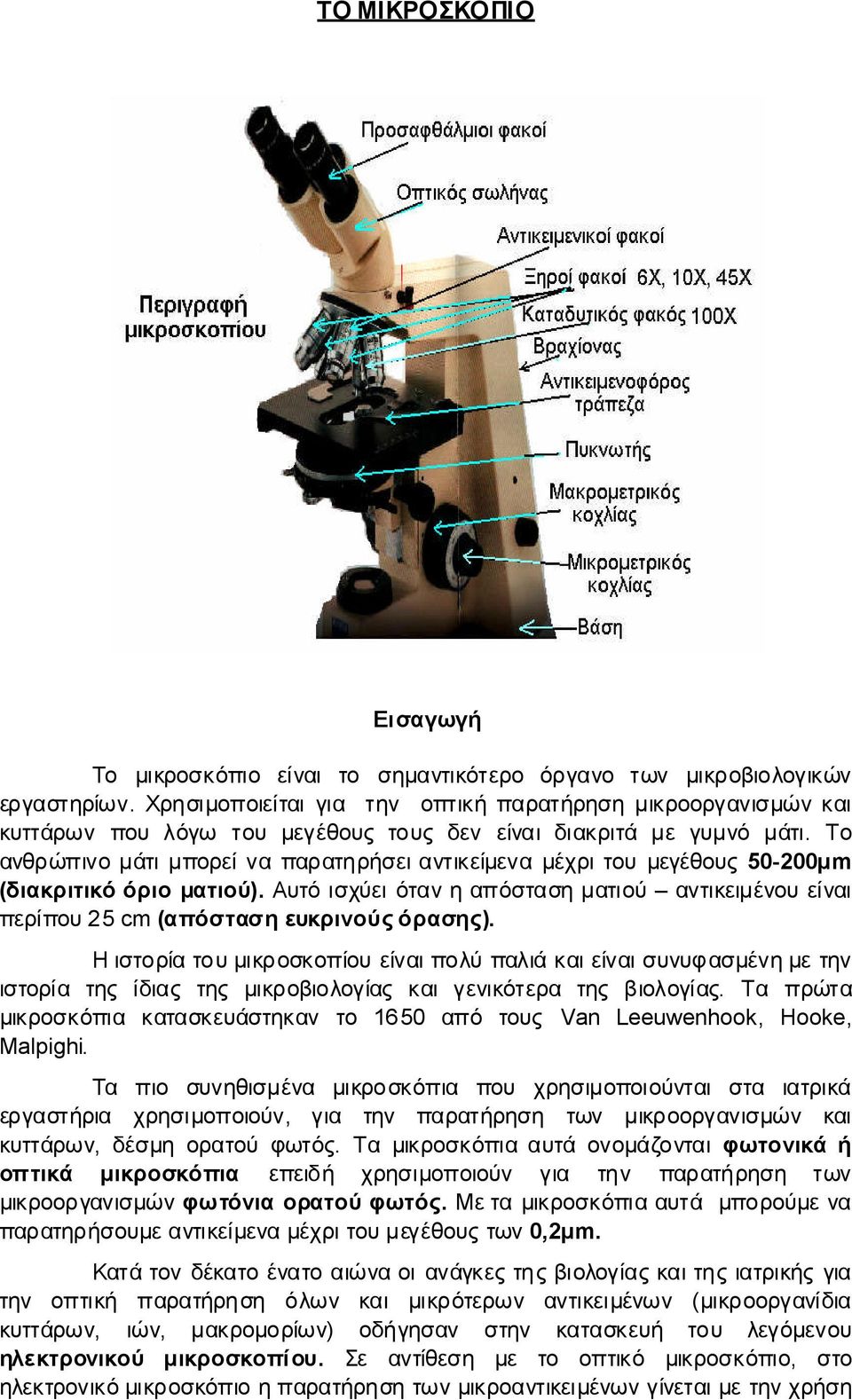 Το ανθρώπινομάτιμπορείναπαρατηρήσειαντικείμεναμέχριτουμεγέθους50-200μm (διακριτικόόριοματιού). Aυτόισχύειότανηαπόστασηματιού αντικειμένουείναι περίπου25 cm (απόστασηευκρινούςόρασης).