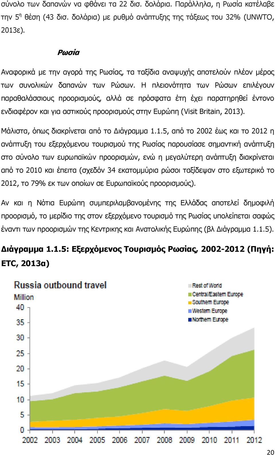 Η πλειονότητα των Ρώσων επιλέγουν παραθαλάσσιους προορισμούς, αλλά σε πρόσφατα έτη έχει παρατηρηθεί έντονο ενδιαφέρον και για αστικούς προορισμούς στην Ευρώπη (Visit Britain, 2013).