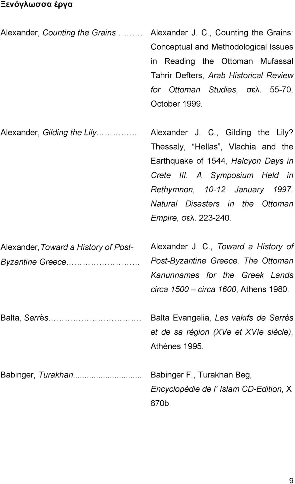 A Symposium Held in Rethymnon, 10-12 January 1997. Natural Disasters in the Ottoman Empire, σελ. 223-240. Alexander,Toward a History of Post- Byzantine Greece Alexander J. C.