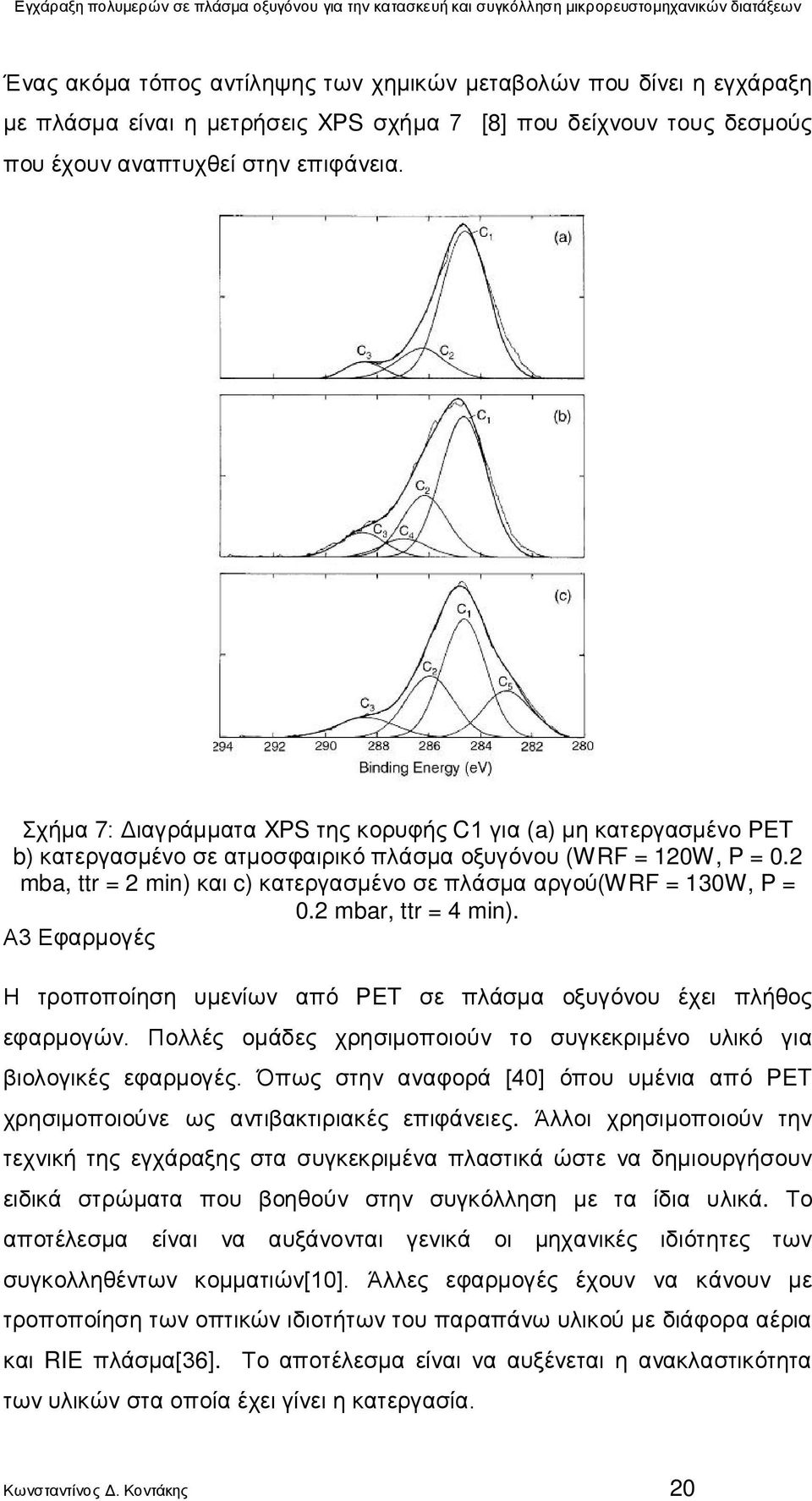 2 mba, ttr = 2 min) και c) κατεργασμένο σε πλάσμα αργού(wrf = 130W, P = 0.2 mbar, ttr = 4 min). Α3 Εφαρμογές Η τροποποίηση υμενίων από PET σε πλάσμα οξυγόνου έχει πλήθος εφαρμογών.