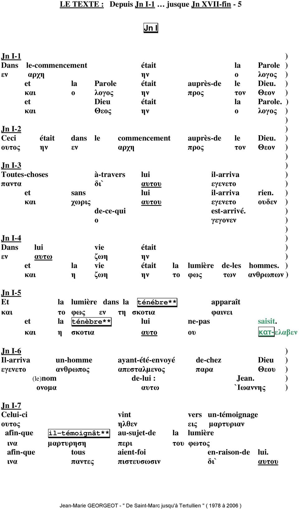 ουτος ην εν αρχη προς τον Θεον Jn I-3 Toutes-choses à-travers lui il-arriva παντα δι` αυτου εγενετο et sans lui il-arriva rien. και χωρις αυτου εγενετο ουδεν de-ce-qui est-arrivé.