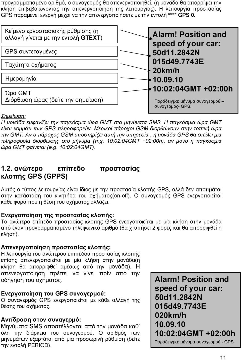 Κείμενο εργοστασιακής ρύθμισης (η αλλαγή γίνεται με την εντολή GTEXT) GPS συντεταγμένες Ταχύτητα οχήματος Ημερομηνία Ώρα GMT Διόρθωση ώρας (δείτε την σημείωση) Alarm!