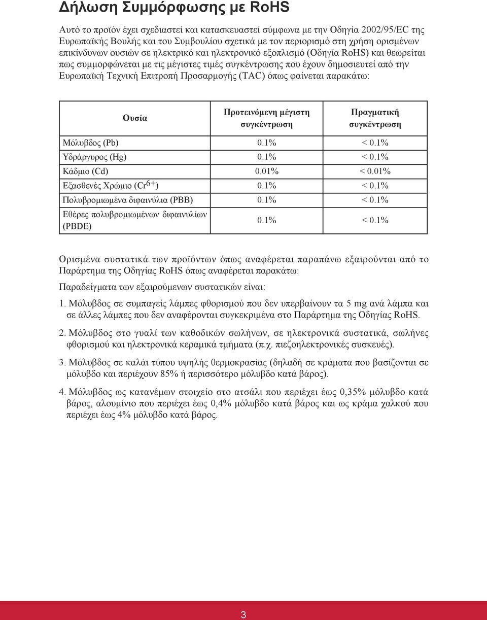 Προσαρμογής (TAC) όπως φαίνεται παρακάτω: Ουσία Προτεινόμενη μέγιστη συγκέντρωση Πραγματική συγκέντρωση Μόλυβδος (Pb) 0.1% < 0.1% Υδράργυρος (Hg) 0.1% < 0.1% Κάδμιο (Cd) 0.01% < 0.