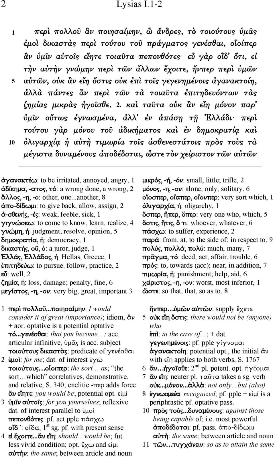 περὶ τῶν ἄλλων ἔχοιτε, ἥνπερ περὶ ὑμῶν αὐτῶν, οὐκ ἂν εἴη ὅστις οὐκ ἐπὶ τοῖς γεγενημένοις ἀγανακτοίη, ἀλλὰ πάντες ἂν περὶ τῶν τὰ τοιαῦτα ἐπιτηδευόντων τὰς ζημίας μικρὰς ἡγοῖσθε. 2.