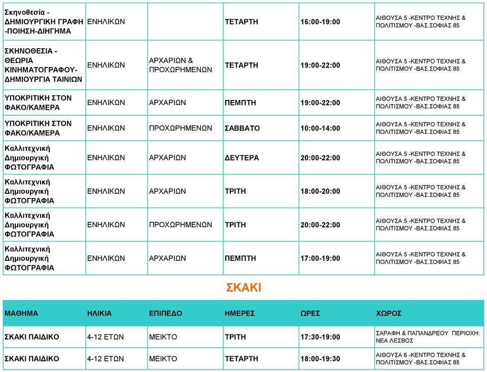 Καλλιτεχνική Δημιουργική ΦΩΤΟΓΡΑΦΙΑ ΑΡΧΑΡΙΩΝ ΠΕΜΠΤΗ 19:00-22:00 ΠΡΟΧΩΡΗΜΕΝΩΝ ΣΑΒΒΑΤΟ 10:00-14:00 ΑΡΧΑΡΙΩΝ ΔΕΥΤΕΡΑ 20:00-22:00 ΑΡΧΑΡΙΩΝ ΤΡΙΤΗ 18:00-20:00 ΠΡΟΧΩΡΗΜΕΝΩΝ ΤΡΙΤΗ