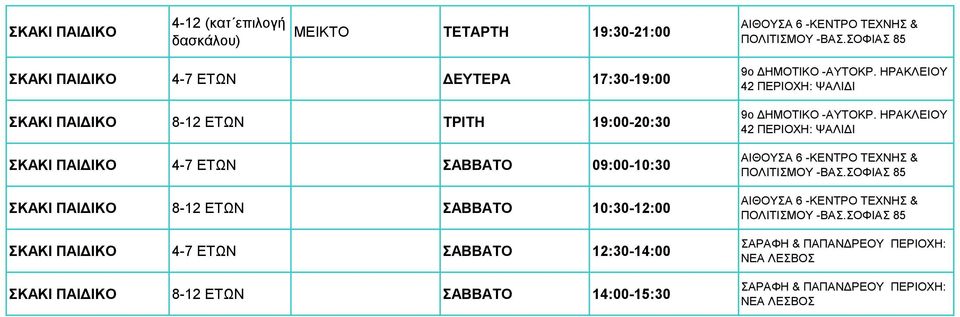 ΠΑΙΔΙΚΟ 4-7 ΕΤΩΝ ΣΑΒΒΑΤΟ 12:30-14:00 ΣΚΑΚΙ ΠΑΙΔΙΚΟ 8-12 ΕΤΩΝ ΣΑΒΒΑΤΟ 14:00-15:30 9ο ΔΗΜΟΤΙΚΟ -ΑΥΤΟΚΡ.