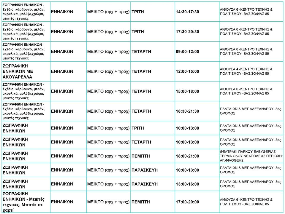 προχ) ΤΕΤΑΡΤΗ 12:00-15:00 ΜΕΙΚΤΟ (αρχ + προχ) ΤΕΤΑΡΤΗ 15:00-18:00 ΜΕΙΚΤΟ (αρχ + προχ) ΤΕΤΑΡΤΗ 18:30-21:30 ΜΕΙΚΤΟ (αρχ + προχ) ΤΡΙΤΗ 10:00-13:00 ΜΕΙΚΤΟ (αρχ + προχ) ΤΕΤΑΡΤΗ 10:00-13:00 ΜΕΙΚΤΟ (αρχ +