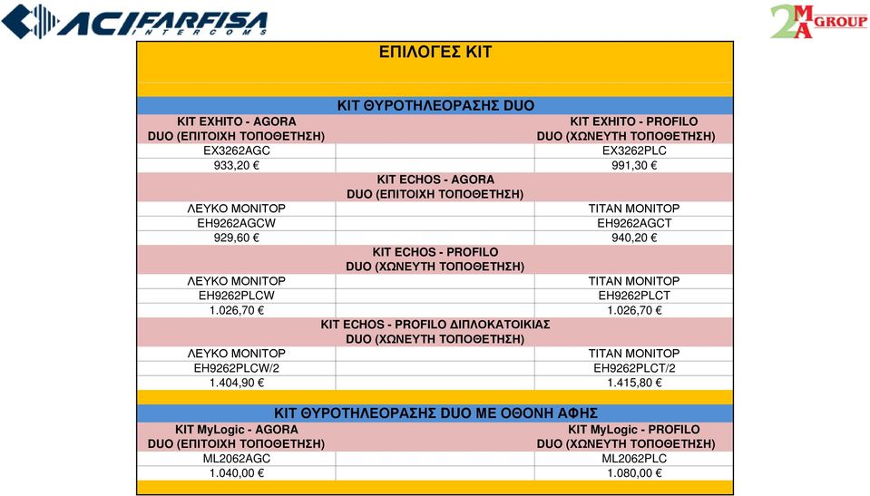 ΜΟΝΙΤΟΡ EH9262PLCW EH9262PLCT 1.026,70 1.026,70 KIT ECHOS - PROFILO ΙΠΛΟΚΑΤΟΙΚΙΑΣ DUO (ΧΩΝΕΥΤΗ ΤΟΠΟΘΕΤΗΣΗ) ΛΕΥΚΟ ΜΟΝΙΤΟΡ ΤΙΤΑΝ ΜΟΝΙΤΟΡ EH9262PLCW/2 EH9262PLCT/2 1.