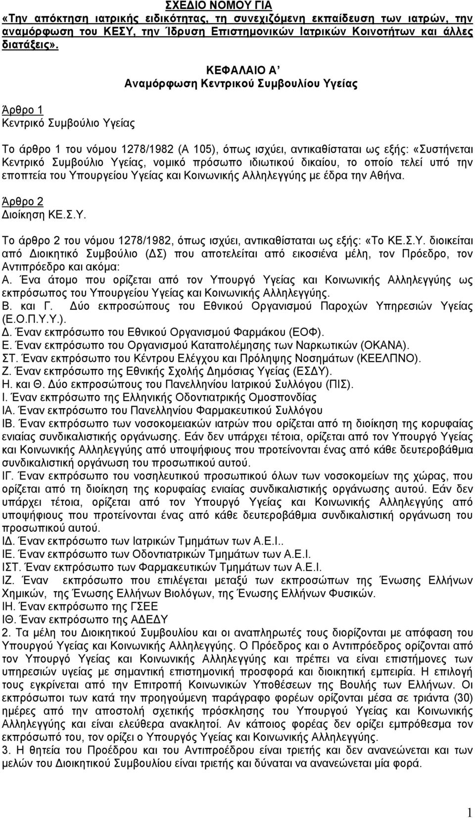 νομικό πρόσωπο ιδιωτικού δικαίου, το οποίο τελεί υπό την εποπτεία του Υπουργείου Υγείας και Κοινωνικής Αλληλεγγύης με έδρα την Αθήνα. Άρθρο 2 Διοίκηση ΚΕ.Σ.Υ. Το άρθρο 2 του νόμου 1278/1982, όπως ισχύει, αντικαθίσταται ως εξής: «Το ΚΕ.