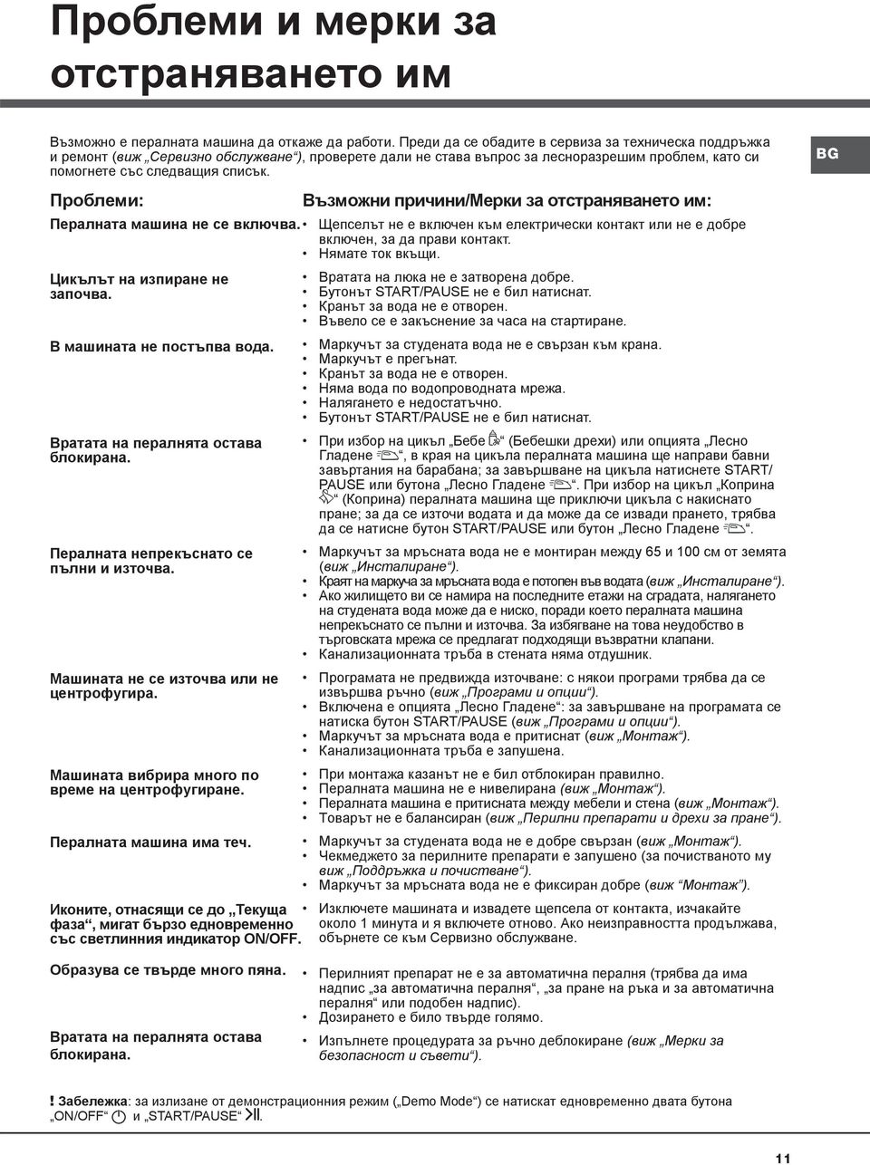 Проблеми: Пералната машина не се включва. Щепселът не е включен към електрически контакт или не е добре включен, за да прави контакт. Нямате ток вкъщи. Цикълът на изпиране не започва.