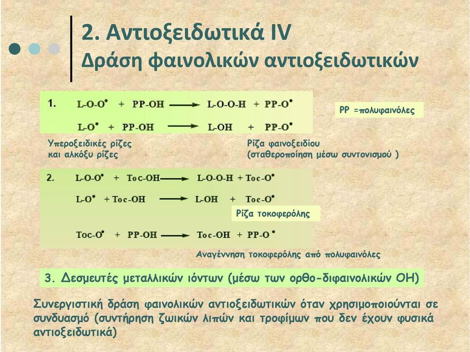 3. εσμευτές μεταλλικών ιόντων (μέσω έ των ορθο-διφαινολικών ΟΗ) Συνεργιστική δράση φαινολικών