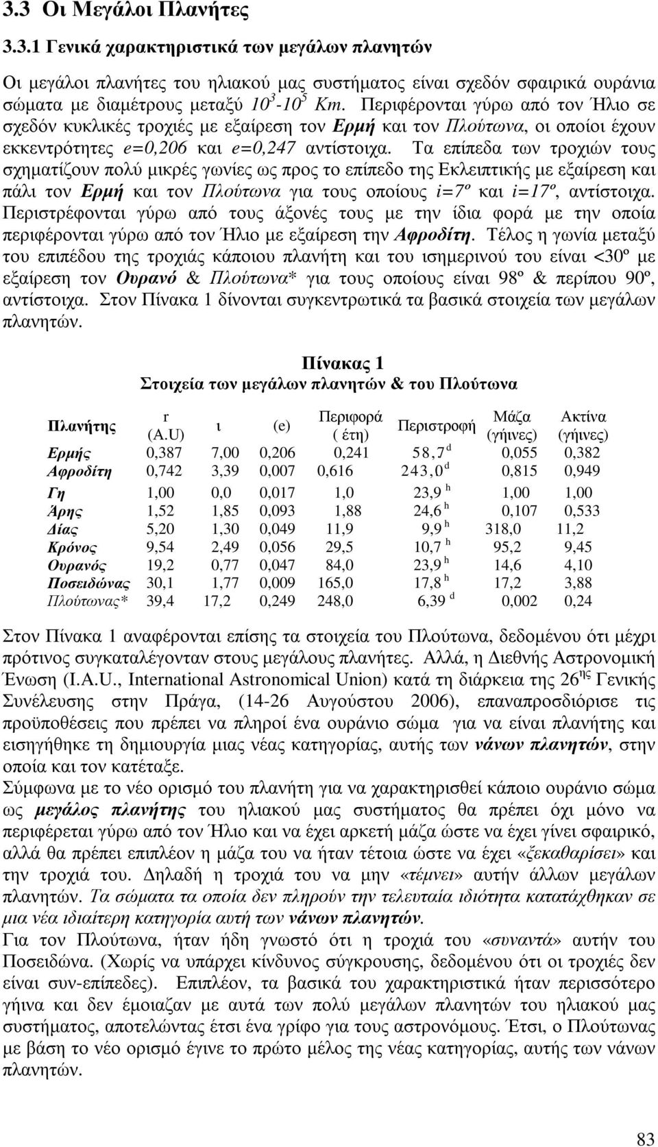 Τα επίπεδα των τροχιών τους σχηµατίζουν πολύ µικρές γωνίες ως προς το επίπεδο της Εκλειπτικής µε εξαίρεση και πάλι τον Ερµή και τον Πλούτωνα για τους οποίους i=7º και i=17º, αντίστοιχα.