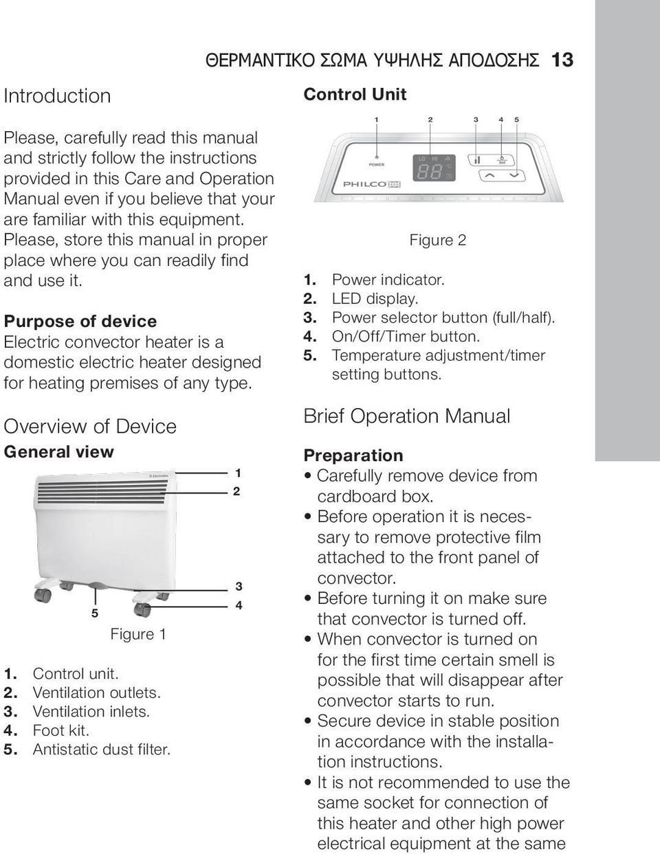 Purpose of device Electric convector heater is a domestic electric heater designed for heating premises of any type. Overview of Device General view 5 Figure 1 1. Control unit. 2. Ventilation outlets.