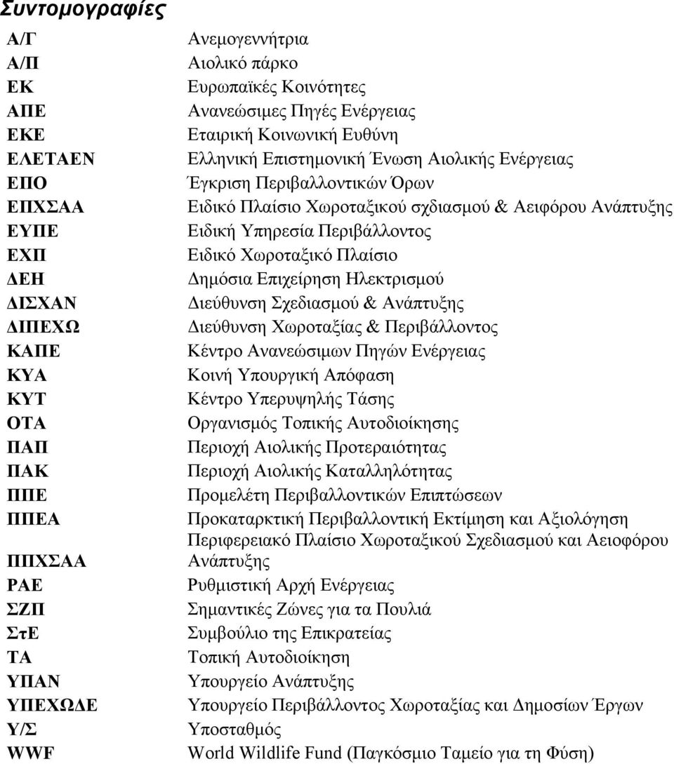 Δηδηθή Τπεξεζία Πεξηβάιινληνο Δηδηθφ Υσξνηαμηθφ Πιαίζην Γεκφζηα Δπηρείξεζε Ζιεθηξηζκνχ Γηεχζπλζε ρεδηαζκνχ & Αλάπηπμεο Γηεχζπλζε Υσξνηαμίαο & Πεξηβάιινληνο Κέληξν Αλαλεψζηκσλ Πεγψλ Δλέξγεηαο Κνηλή