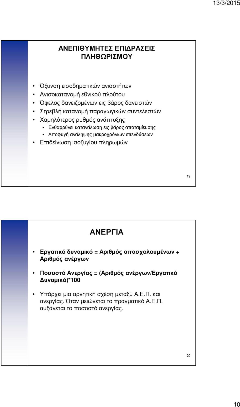 επενδύσεων Επιδείνωση ισοζυγίου πληρωμών 19 ΑΝΕΡΓΙΑ Εργατικό δυναμικό = Αριθμός απασχολουμένων + Αριθμός ανέργων Ποσοστό Ανεργίας = (Αριθμός