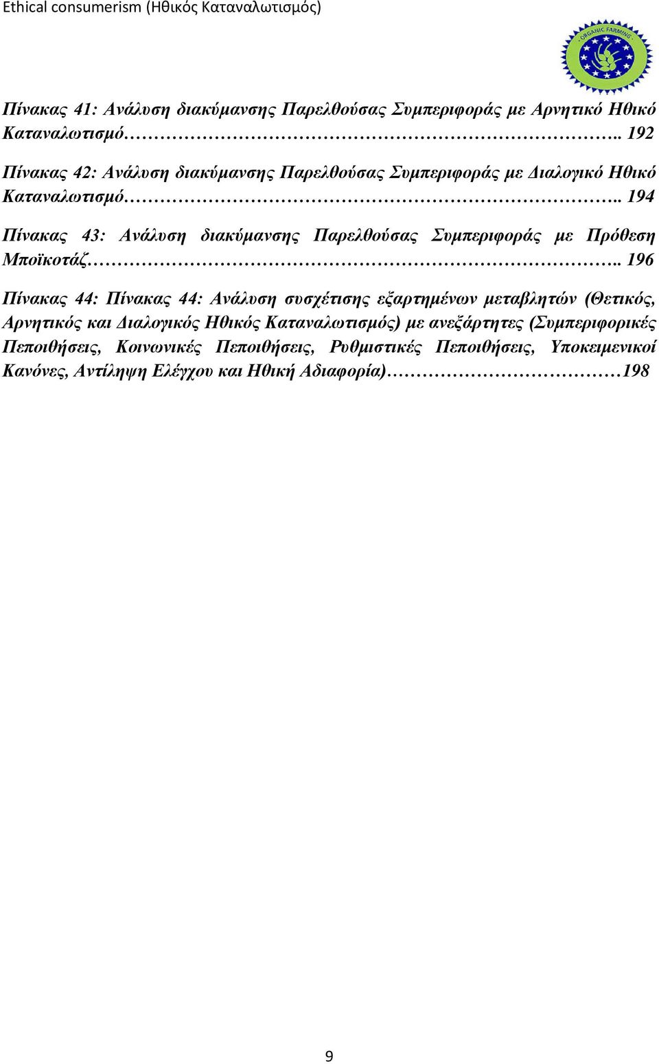 . 194 Πίνακας 43: Ανάλυση διακύμανσης Παρελθούσας Συμπεριφοράς με Πρόθεση Μποϊκοτάζ.