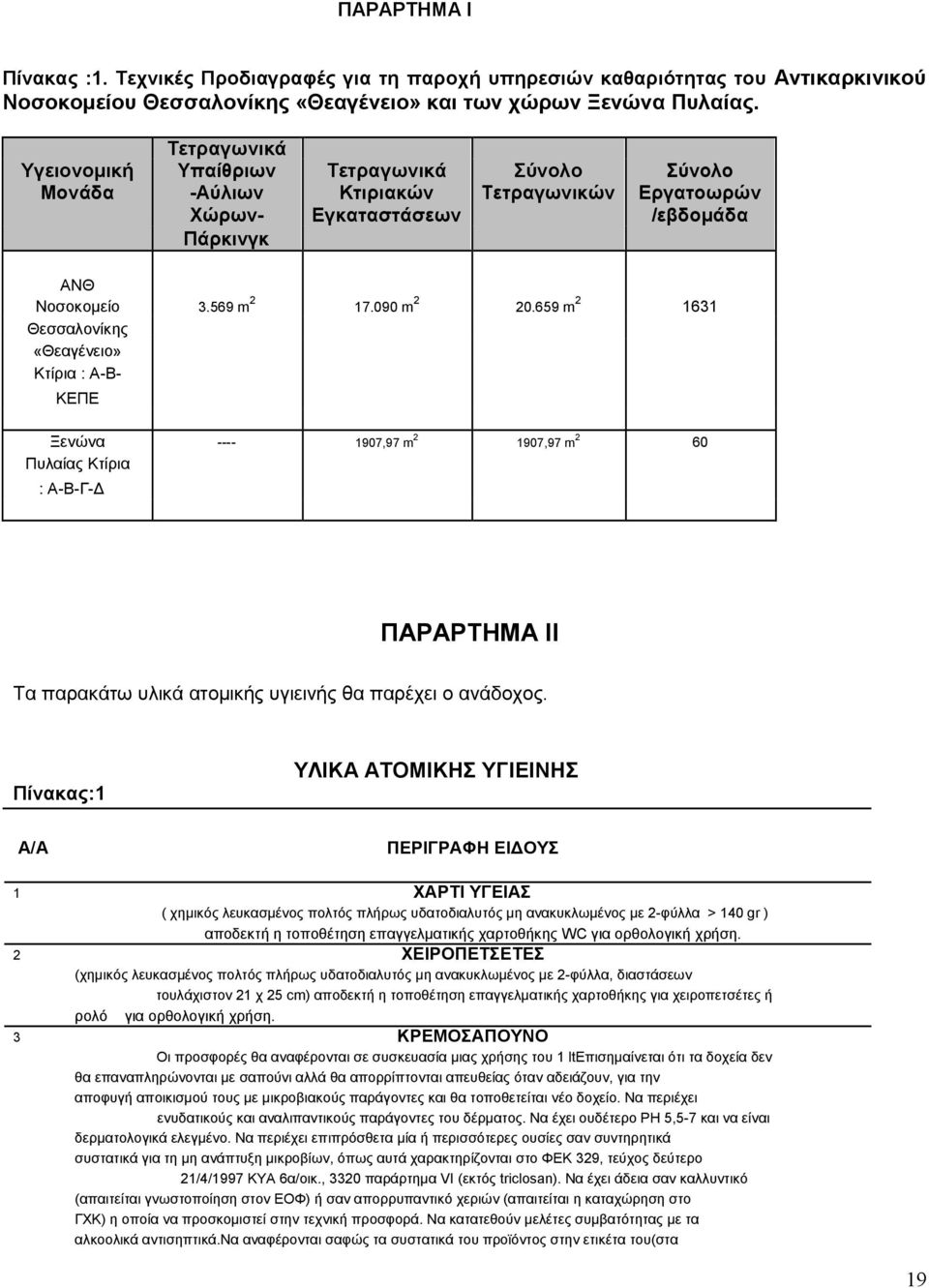 659 m 2 1631 Θεσσαλονίκης «Θεαγένειο» Κτίρια : Α-Β- ΚΕΠΕ Ξενώνα ---- 1907,97 m 2 1907,97 m 2 60 Πυλαίας Κτίρια : Α-Β-Γ-Δ ΠΑΡΑΡΤΗΜΑ ΙΙ Τα παρακάτω υλικά ατομικής υγιεινής θα παρέχει ο ανάδοχος.