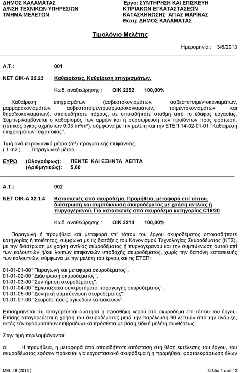 αναθεώρησης : ΟΙΚ 2252 100,00% Καθαίρεση επιχρισμάτων (ασβεστοκονιαμάτων, ασβεστοτσιμεντοκονιαμάτων, μαρμαροκονιαμάτων, ασβεστοτσιμεντομαρμαροκονιαμάτων, τσιμεντοκονιαμάτων και θηραϊκοκονιαμάτων),