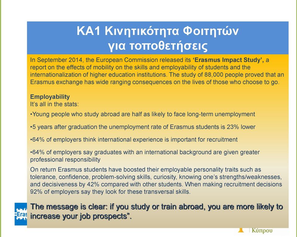 Employability It s all in the stats: Young people who study abroad are half as likely to face long-term unemployment 5 years after graduation the unemployment rate of Erasmus students is 23% lower