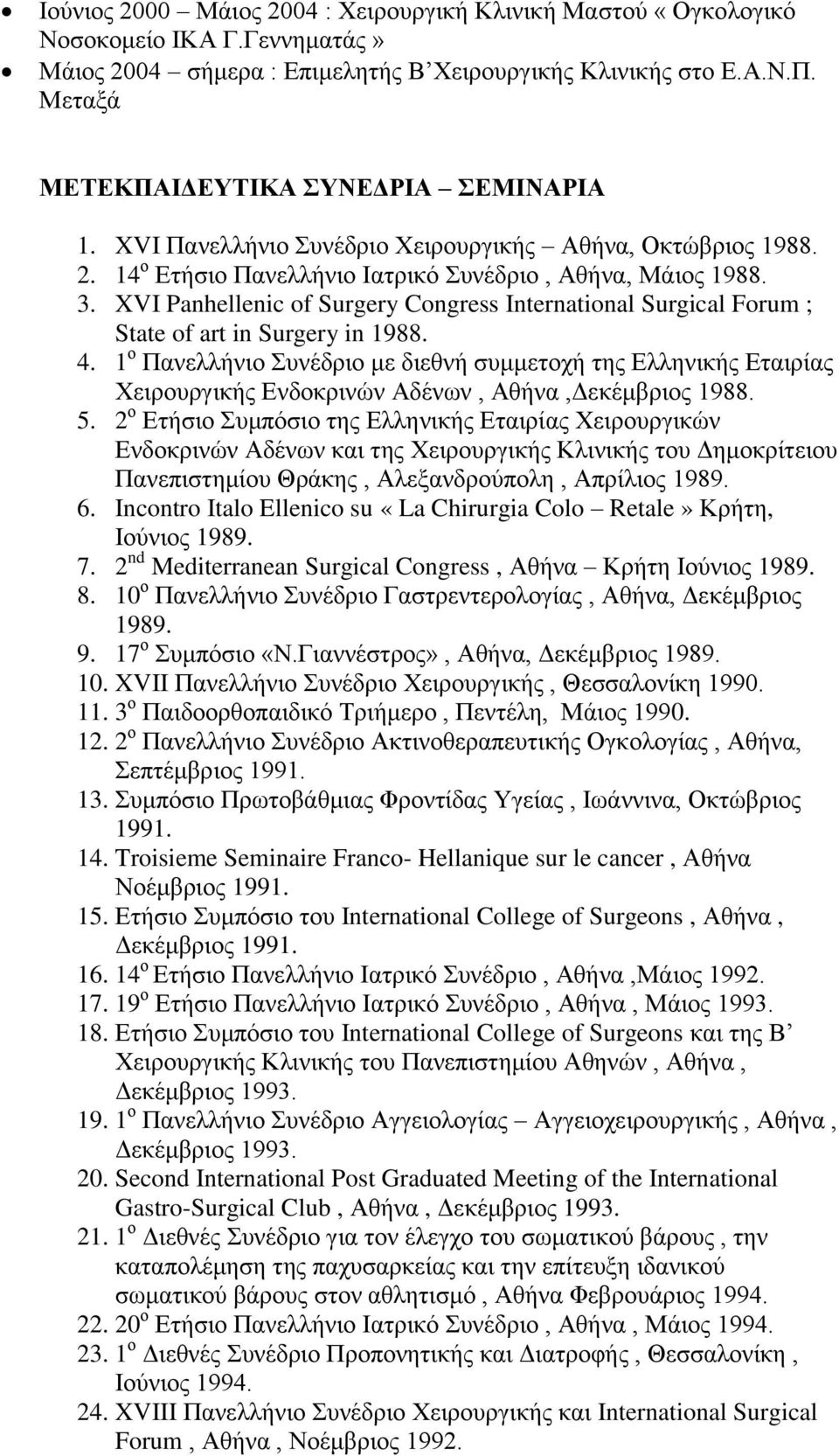 XVI Panhellenic of Surgery Congress International Surgical Forum ; State of art in Surgery in 1988. 4.