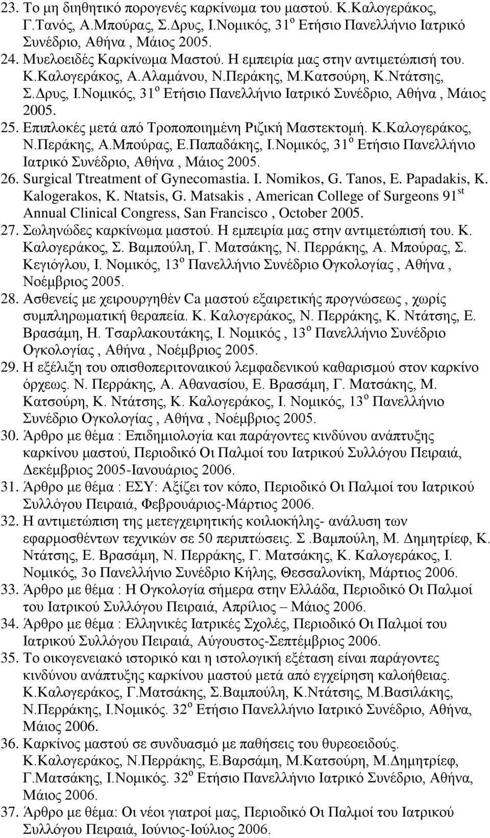 Επιπλοκές μετά από Τροποποιημένη Ριζική Μαστεκτομή. Κ.Καλογεράκος, Ν.Περάκης, Α.Μπούρας, Ε.Παπαδάκης, Ι.Νομικός, 31 ο Ετήσιο Πανελλήνιο Ιατρικό Συνέδριο, Αθήνα, Μάιος 2005. 26.