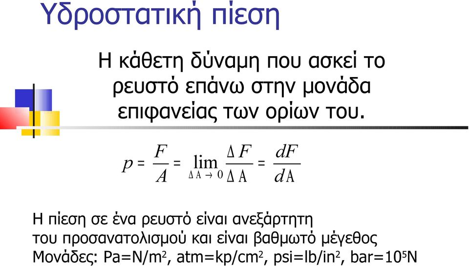 p F F df = = lim = A Α 0 Α d Α Η πίεση σε ένα ρευστό είναι