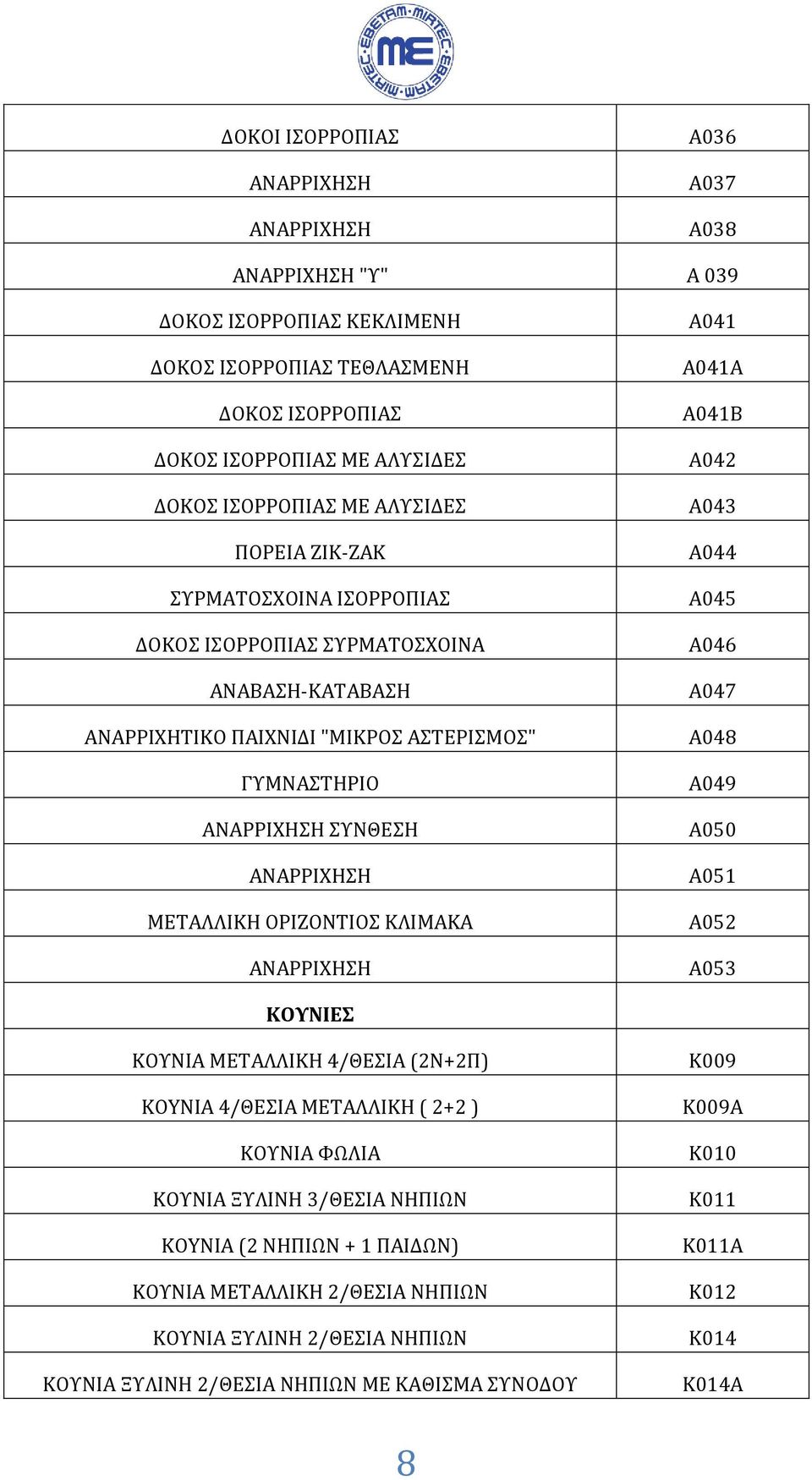 Α041Α Α041Β Α042 Α043 Α044 Α045 Α046 Α047 Α048 Α049 Α050 Α051 Α052 Α053 ΚΟΥΝΙΕΣ ΚΟΥΝΙΑ ΜΕΤΑΛΛΙΚΗ 4/ΘΕΣΙΑ (2Ν+2Π) KOYNIA 4/ΘΕΣΙΑ ΜΕΤΑΛΛΙΚΗ ( 2+2 ) ΚΟΥΝΙΑ ΦΩΛΙΑ ΚΟΥΝΙΑ ΞΥΛΙΝΗ 3/ΘΕΣΙΑ